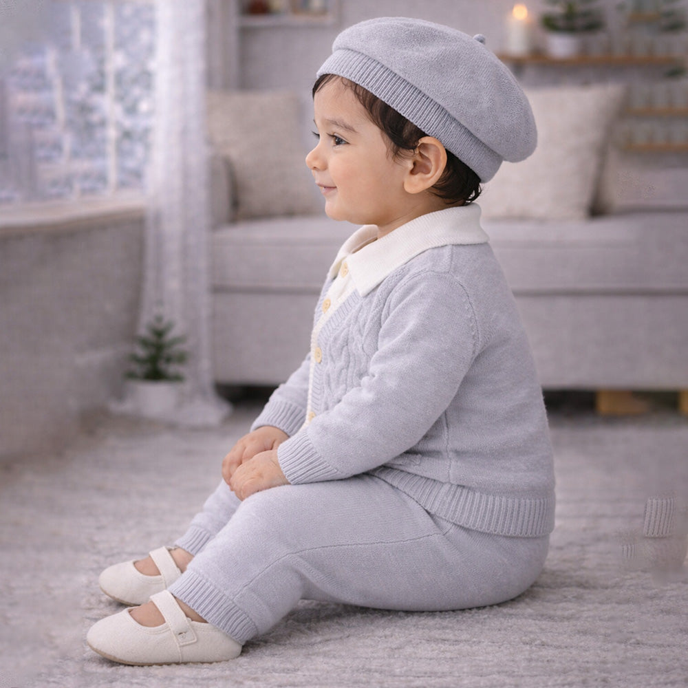 2 Pcs Grey Cable Winter Cardigan & Pants with Beret Cap for Infants