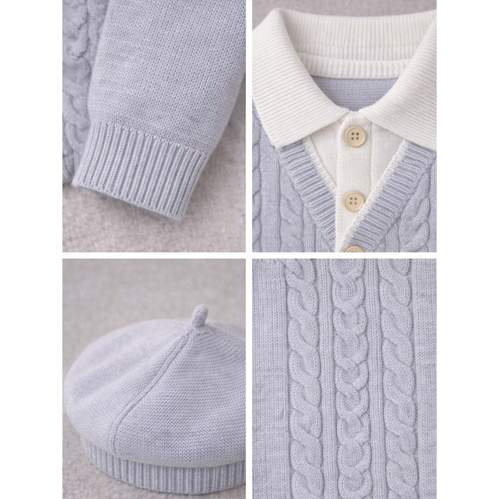 2 Pcs Grey Cable Winter Cardigan & Pants with Beret Cap for Infants