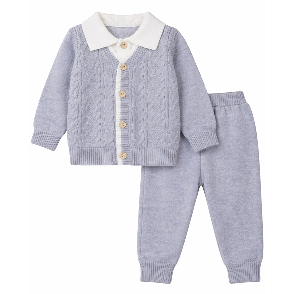 2 Pcs Grey Cable Winter Cardigan & Pants with Beret Cap for Infants