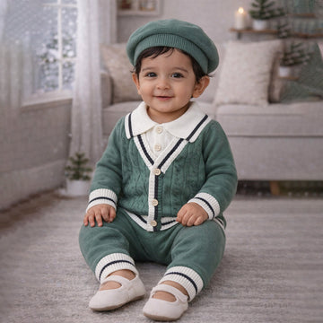 2 Pcs Green vest style Winter Knit Cardigan & Pants with Beret Cap for Infants