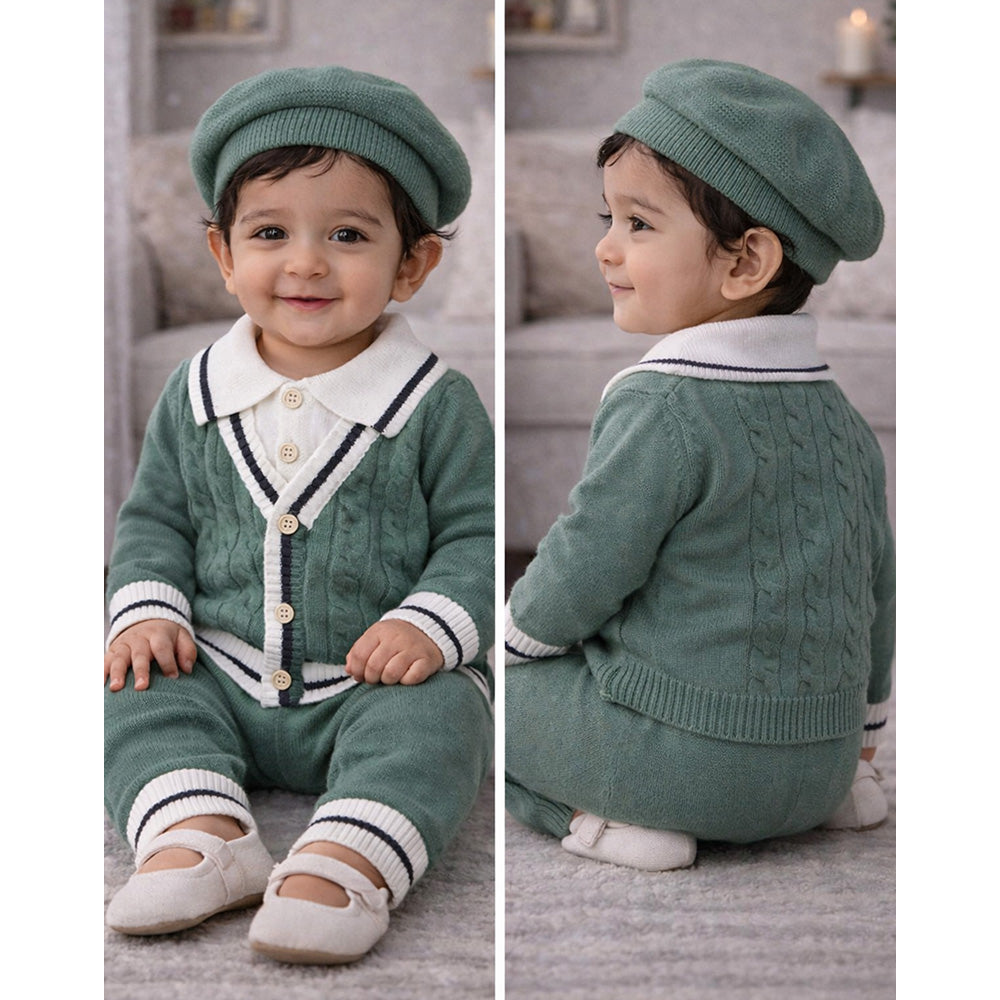 2 Pcs Green vest style Winter Knit Cardigan & Pants with Beret Cap for Infants