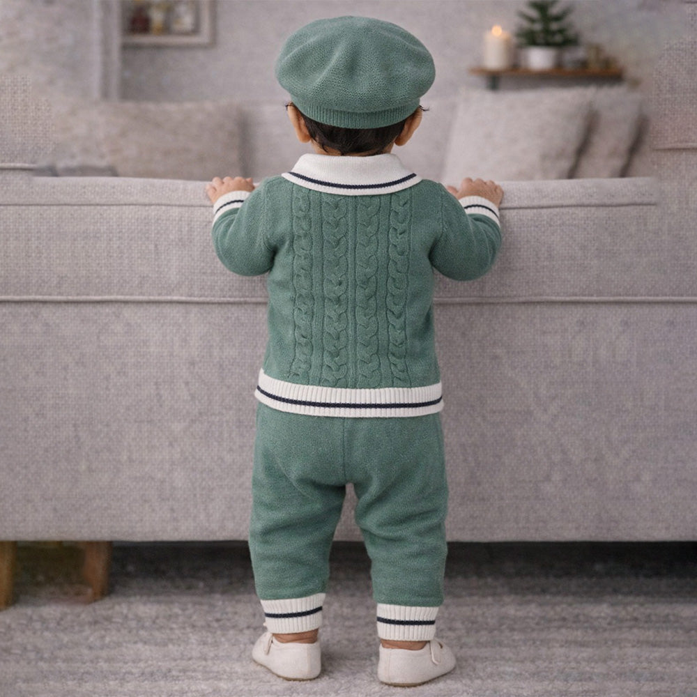 2 Pcs Green vest style Winter Knit Cardigan & Pants with Beret Cap for Infants