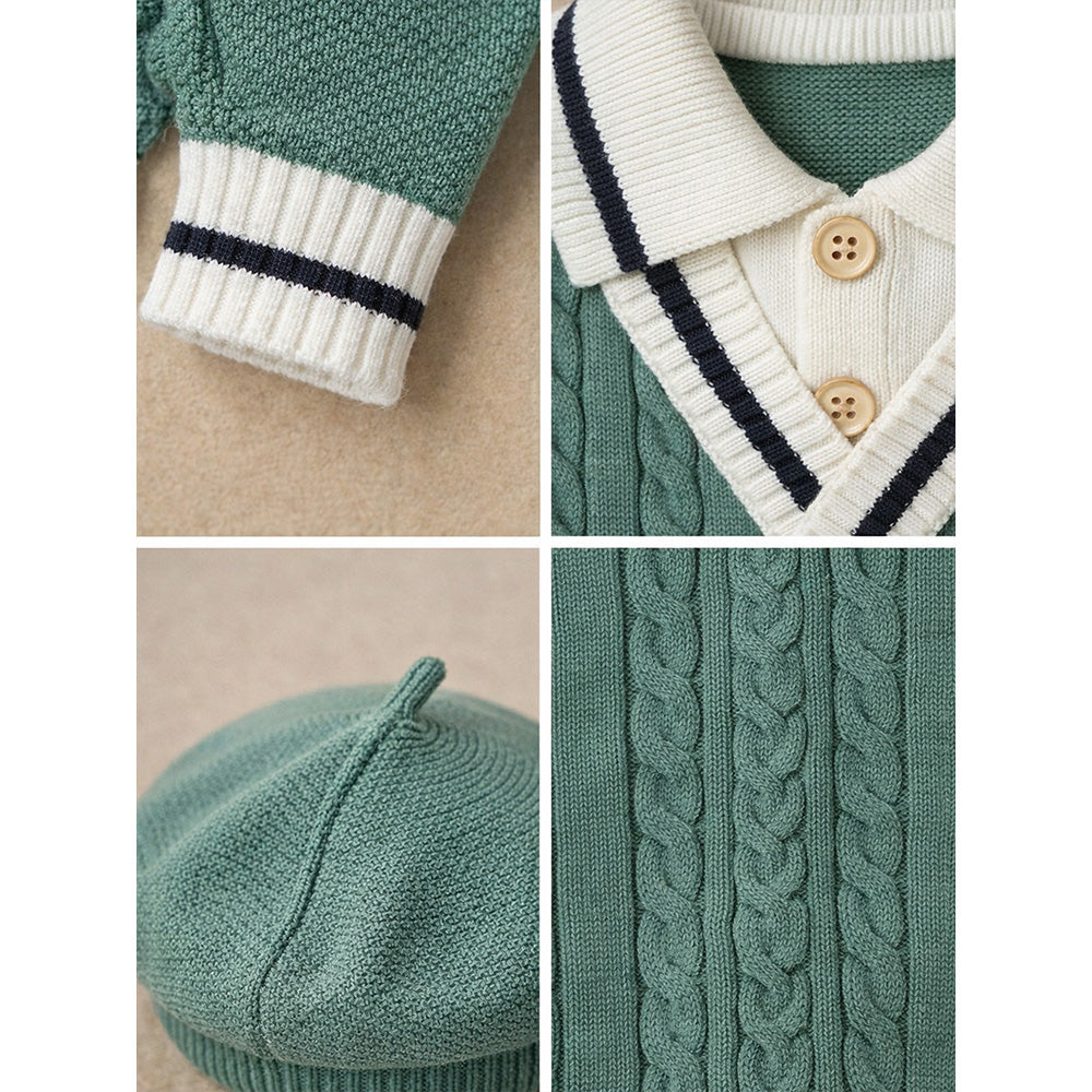 2 Pcs Green vest style Winter Knit Cardigan & Pants with Beret Cap for Infants