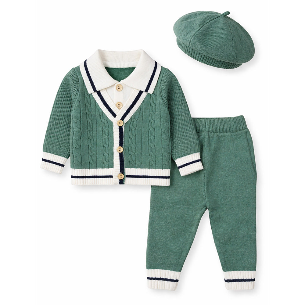 2 Pcs Green vest style Winter Knit Cardigan & Pants with Beret Cap for Infants