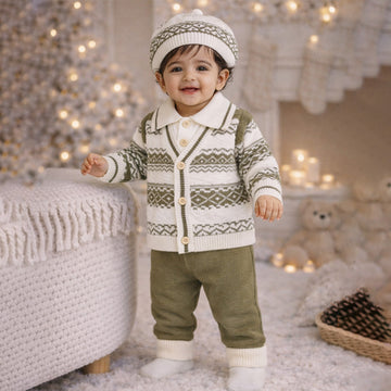 2 Pcs Green ZigZag Pattern Winter Cardigan & Pant with Matching Cap for Infants
