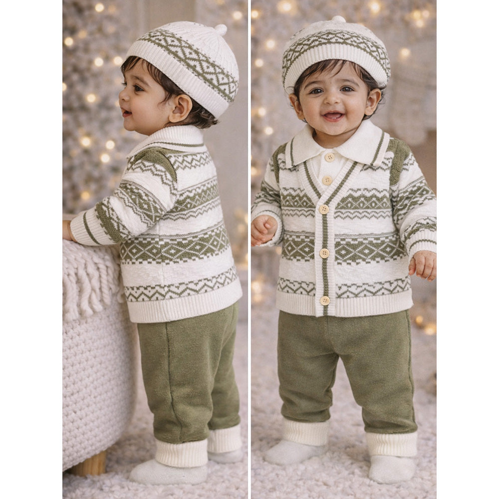 2 Pcs Green ZigZag Pattern Winter Cardigan & Pant with Matching Cap for Infants