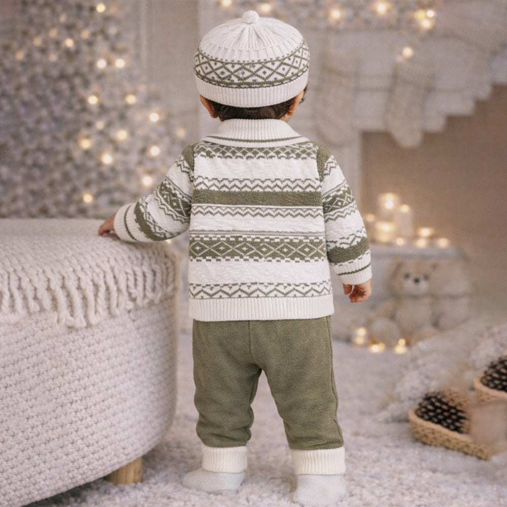 2 Pcs Green ZigZag Pattern Winter Cardigan & Pant with Matching Cap for Infants