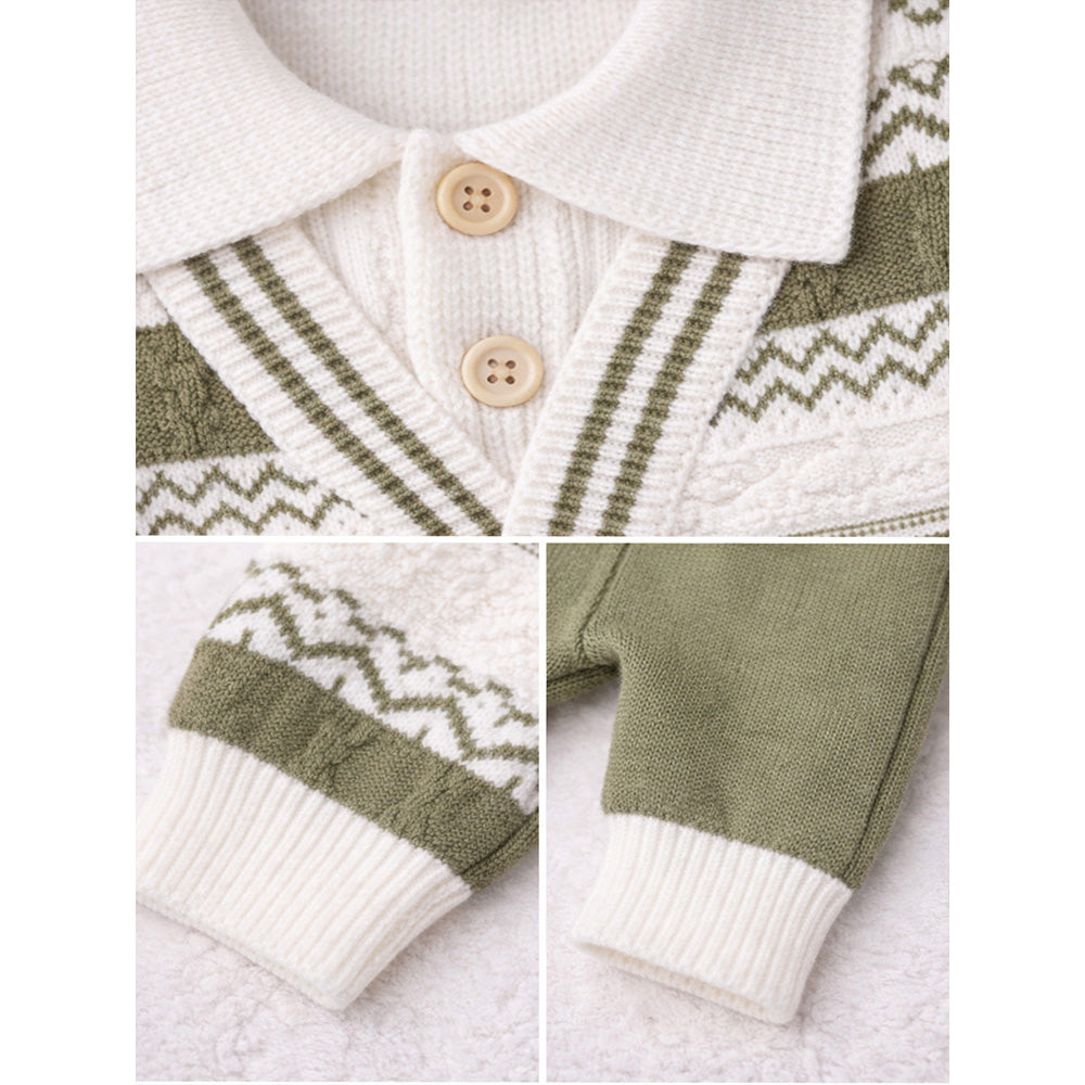 2 Pcs Green ZigZag Pattern Winter Cardigan & Pant with Matching Cap for Infants