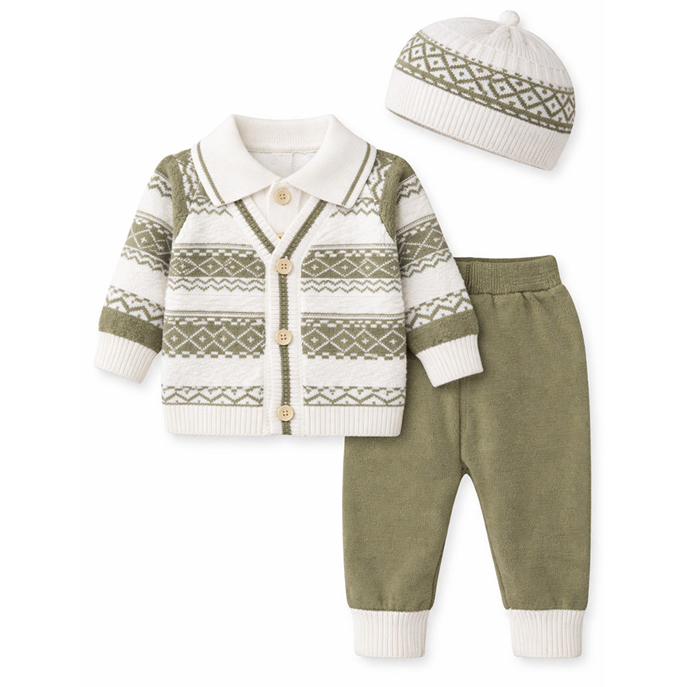 2 Pcs Green ZigZag Pattern Winter Cardigan & Pant with Matching Cap for Infants