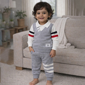 2 Pcs Grey with Red-Navy Stripes Sleeves Winter Cardigan & Pant for Infants