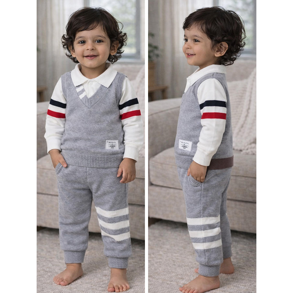 2 Pcs Grey with Red-Navy Stripes Sleeves Winter Cardigan & Pant for Infants