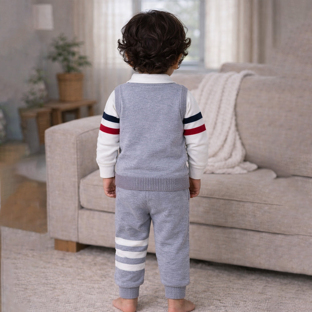 2 Pcs Grey with Red-Navy Stripes Sleeves Winter Cardigan & Pant for Infants