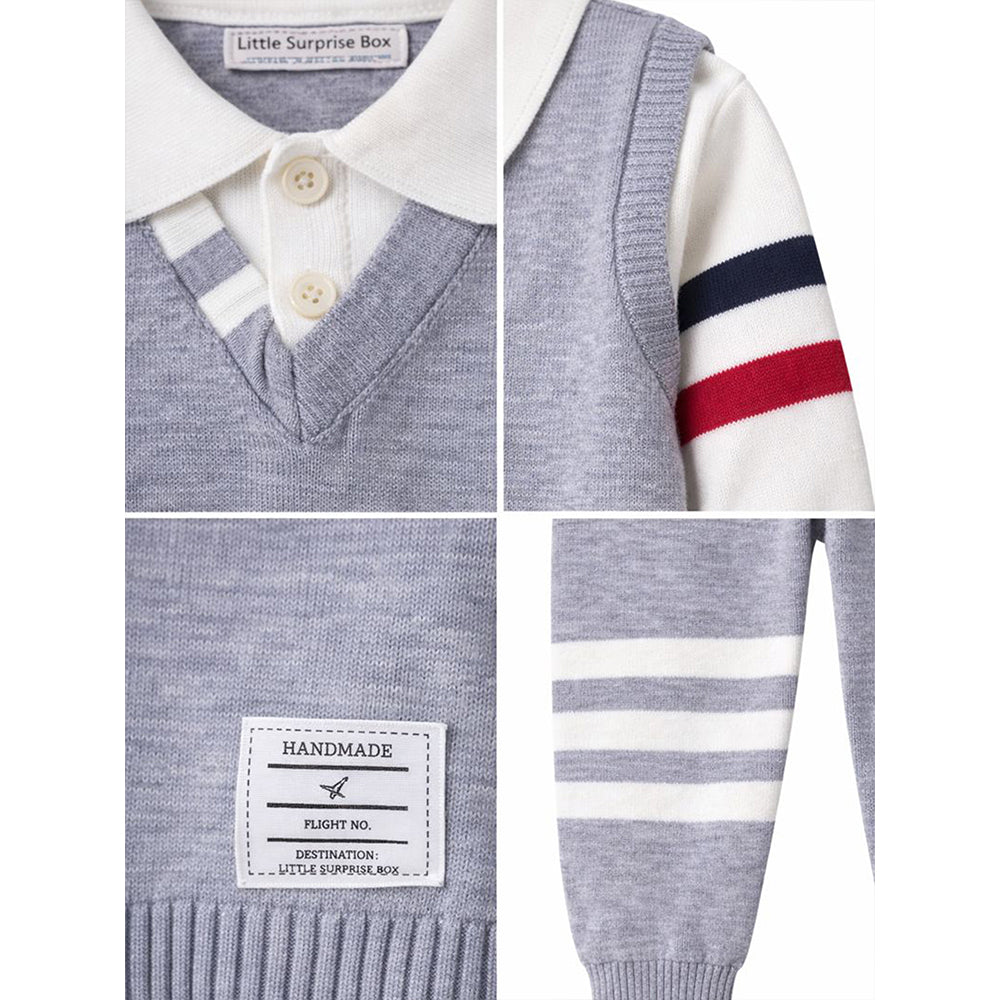 2 Pcs Grey with Red-Navy Stripes Sleeves Winter Cardigan & Pant for Infants