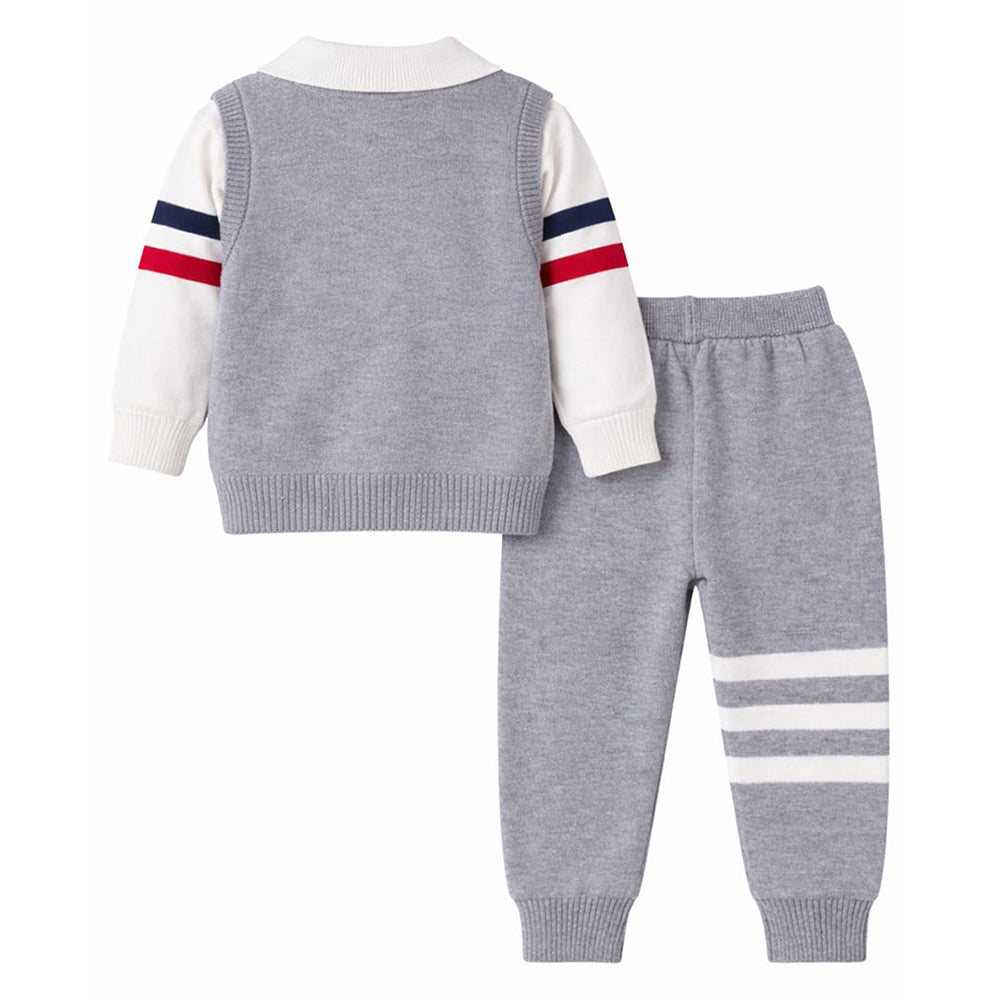2 Pcs Grey with Red-Navy Stripes Sleeves Winter Cardigan & Pant for Infants