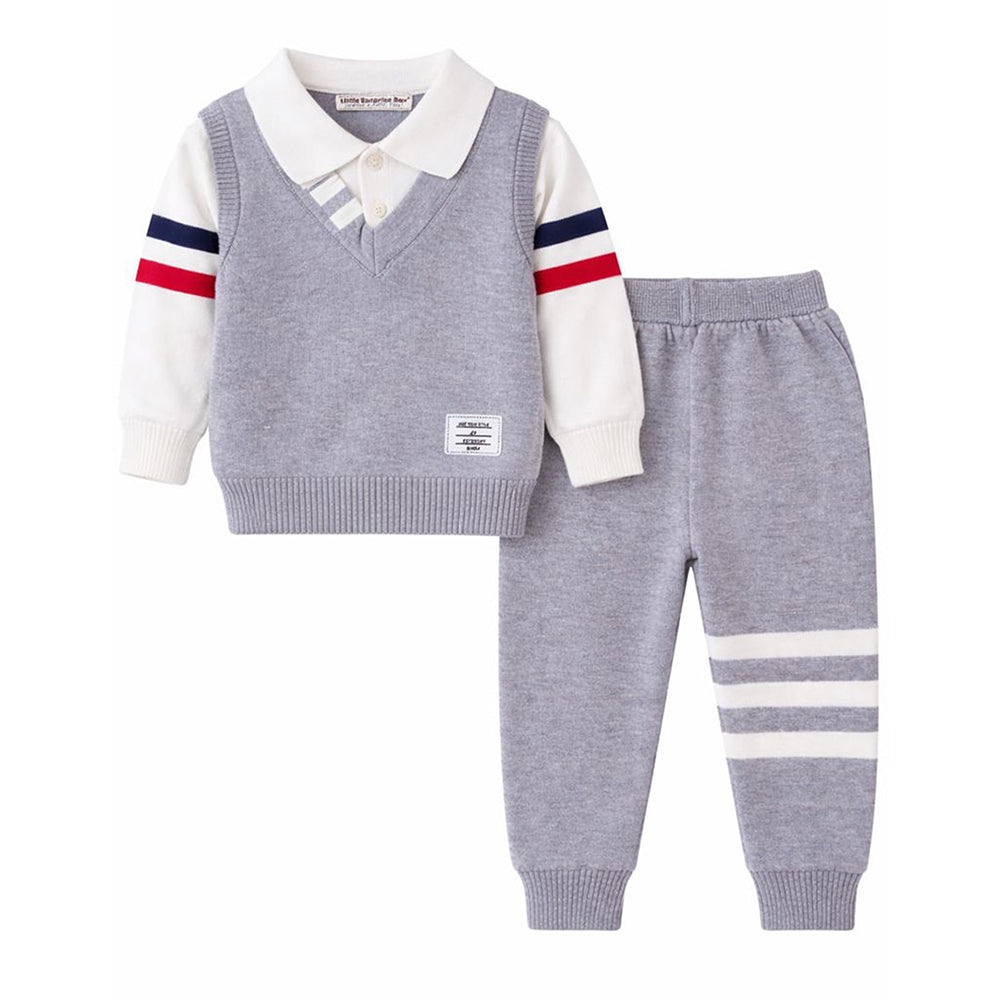 2 Pcs Grey with Red-Navy Stripes Sleeves Winter Cardigan & Pant for Infants