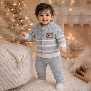 2 Pcs Grey with White Stripes Winter Knit Cardigan & Pants