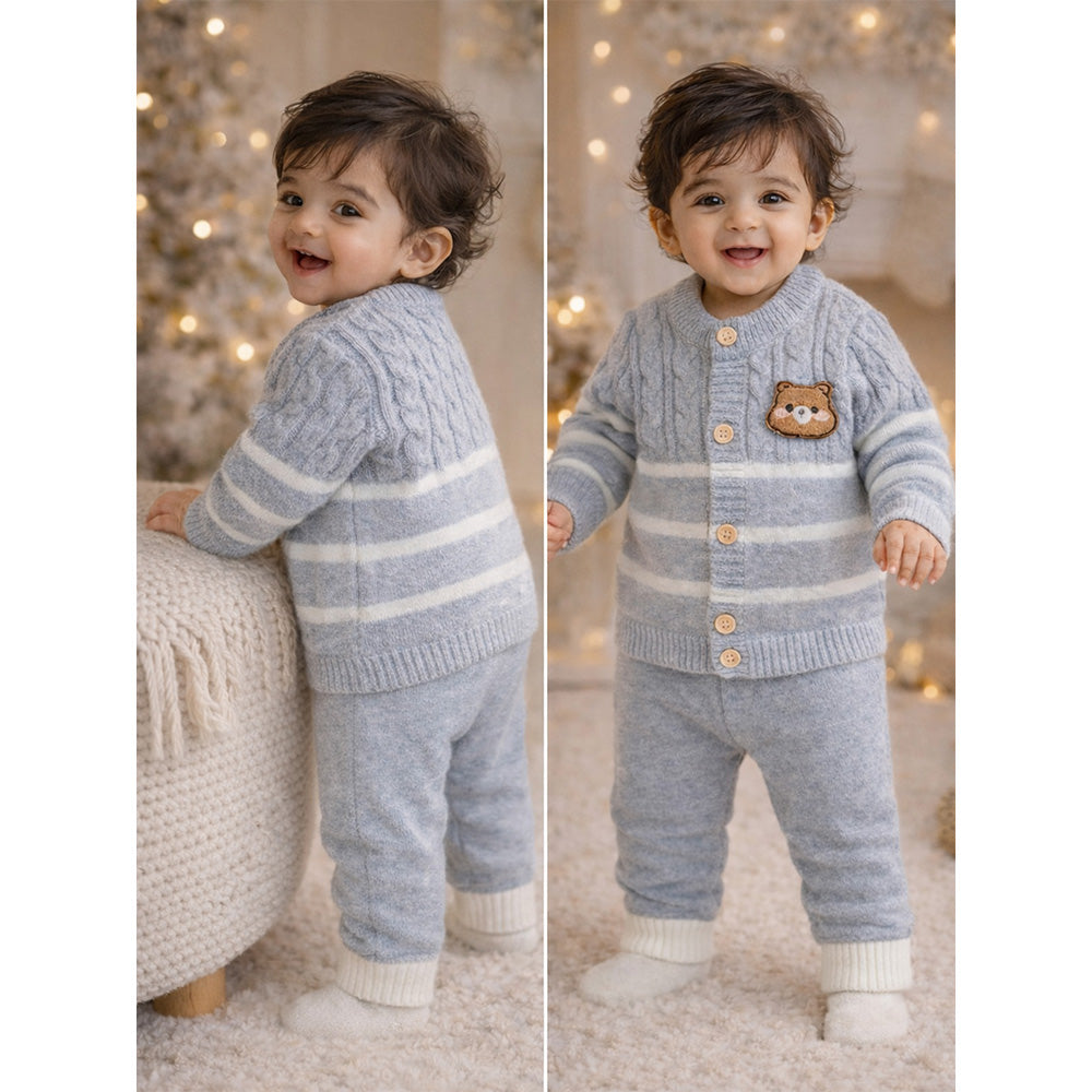 2 Pcs Grey with White Stripes Winter Knit Cardigan & Pants