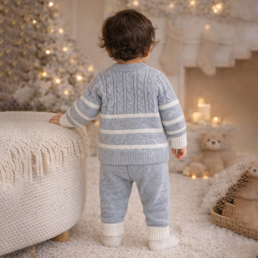 2 Pcs Grey with White Stripes Winter Knit Cardigan & Pants
