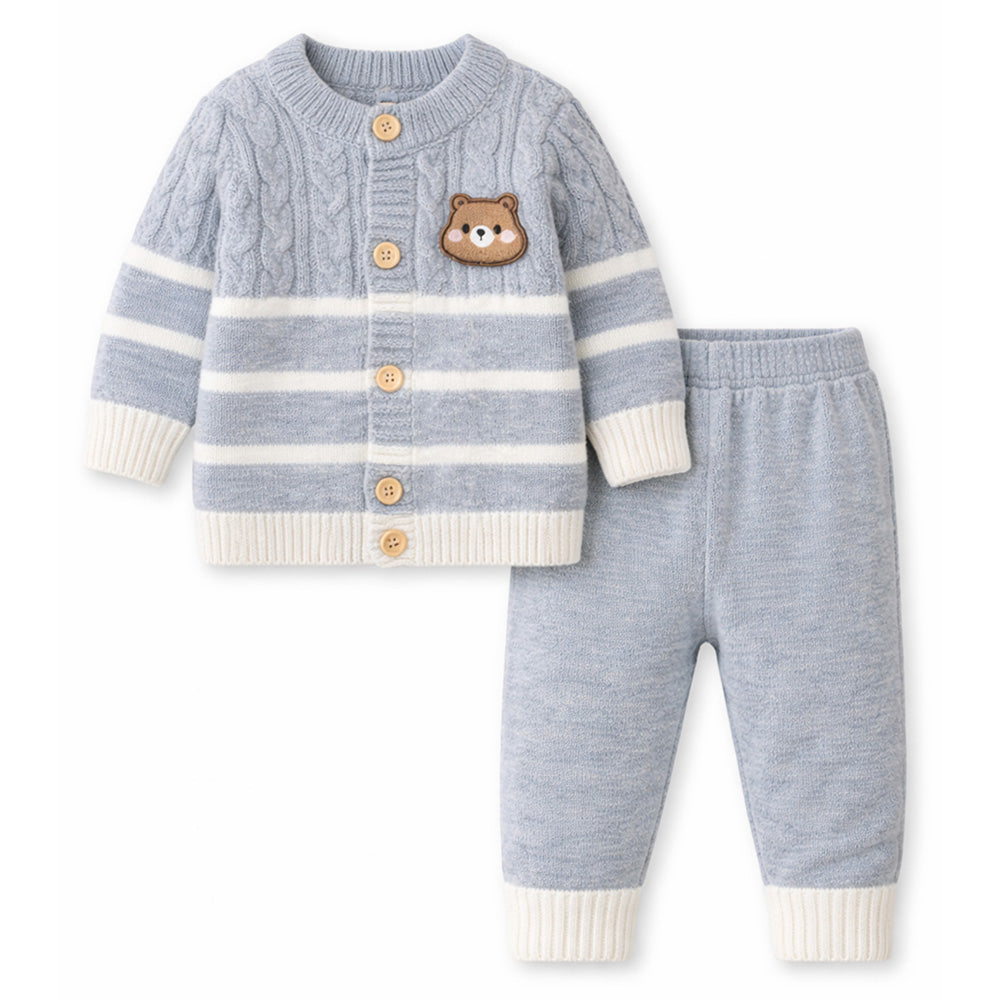 2 Pcs Grey with White Stripes Winter Knit Cardigan & Pants