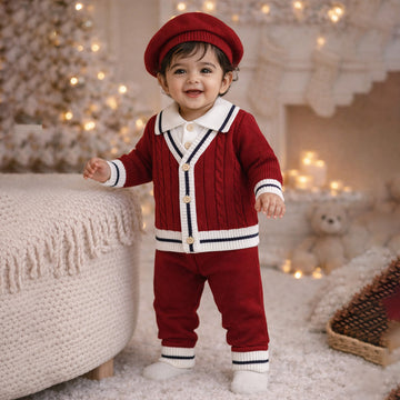 2 Pcs Maroon Navy Border Winter Knit Cardigan & Pants with Beret Cap for Infants