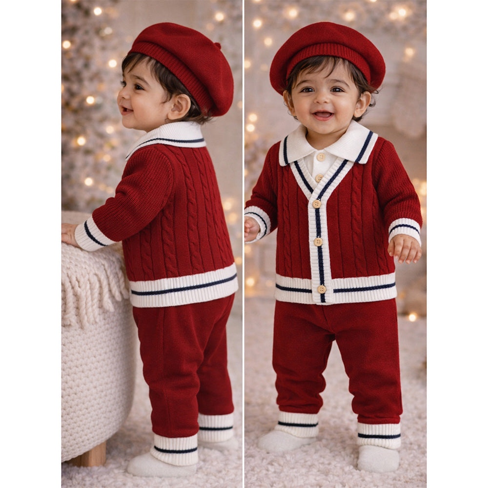 2 Pcs Maroon Navy Border Winter Knit Cardigan & Pants with Beret Cap for Infants