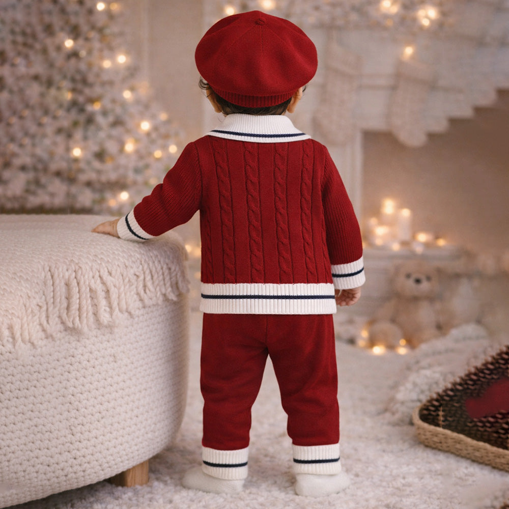 2 Pcs Maroon Navy Border Winter Knit Cardigan & Pants with Beret Cap for Infants