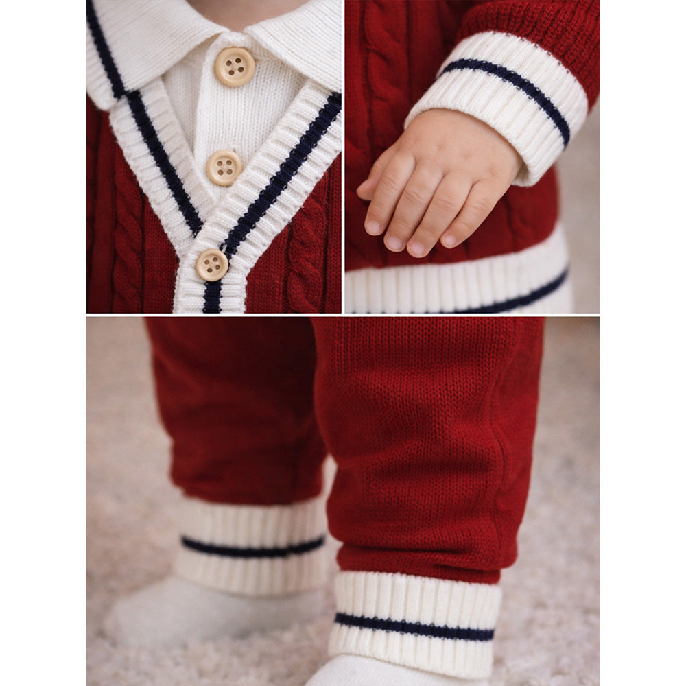 2 Pcs Maroon Navy Border Winter Knit Cardigan & Pants with Beret Cap for Infants