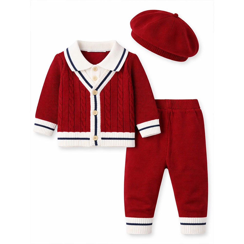 2 Pcs Maroon Navy Border Winter Knit Cardigan & Pants with Beret Cap for Infants