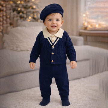 2 Pcs Navy Cream Collared Winter Knit Cardigan & Pants with Beret Cap for Infants