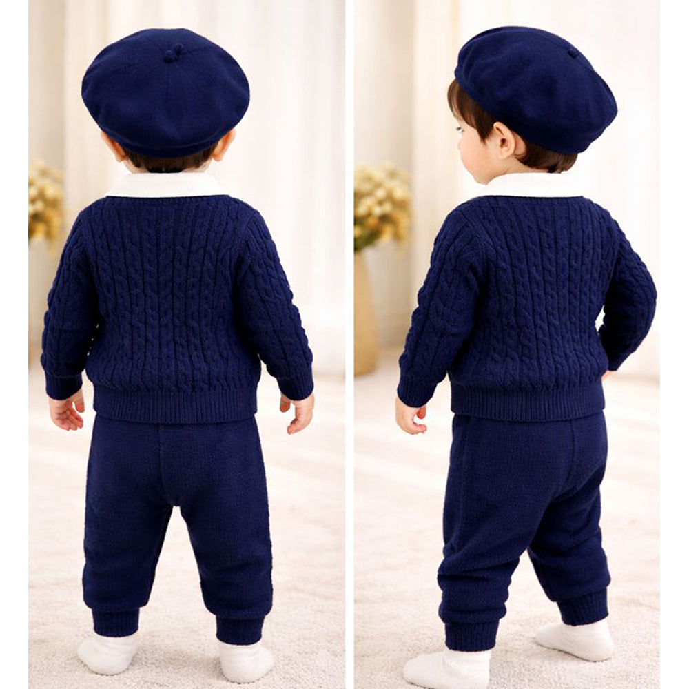 2 Pcs Navy Cream Collared Winter Knit Cardigan & Pants with Beret Cap for Infants