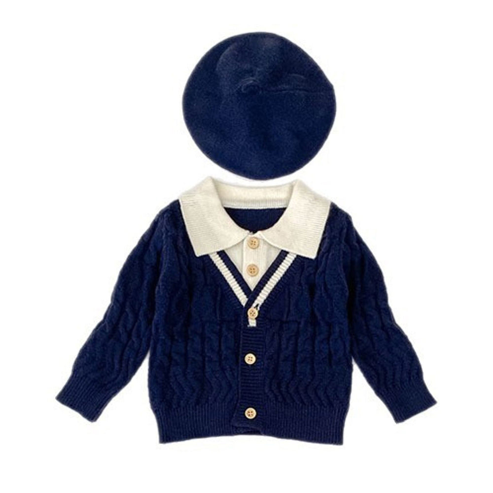 2 Pcs Navy Cream Collared Winter Knit Cardigan & Pants with Beret Cap for Infants