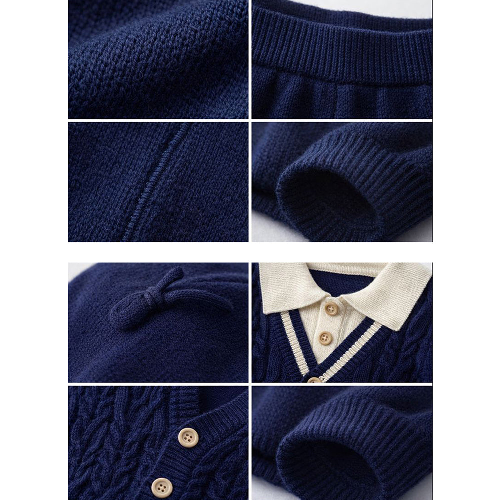 2 Pcs Navy Cream Collared Winter Knit Cardigan & Pants with Beret Cap for Infants