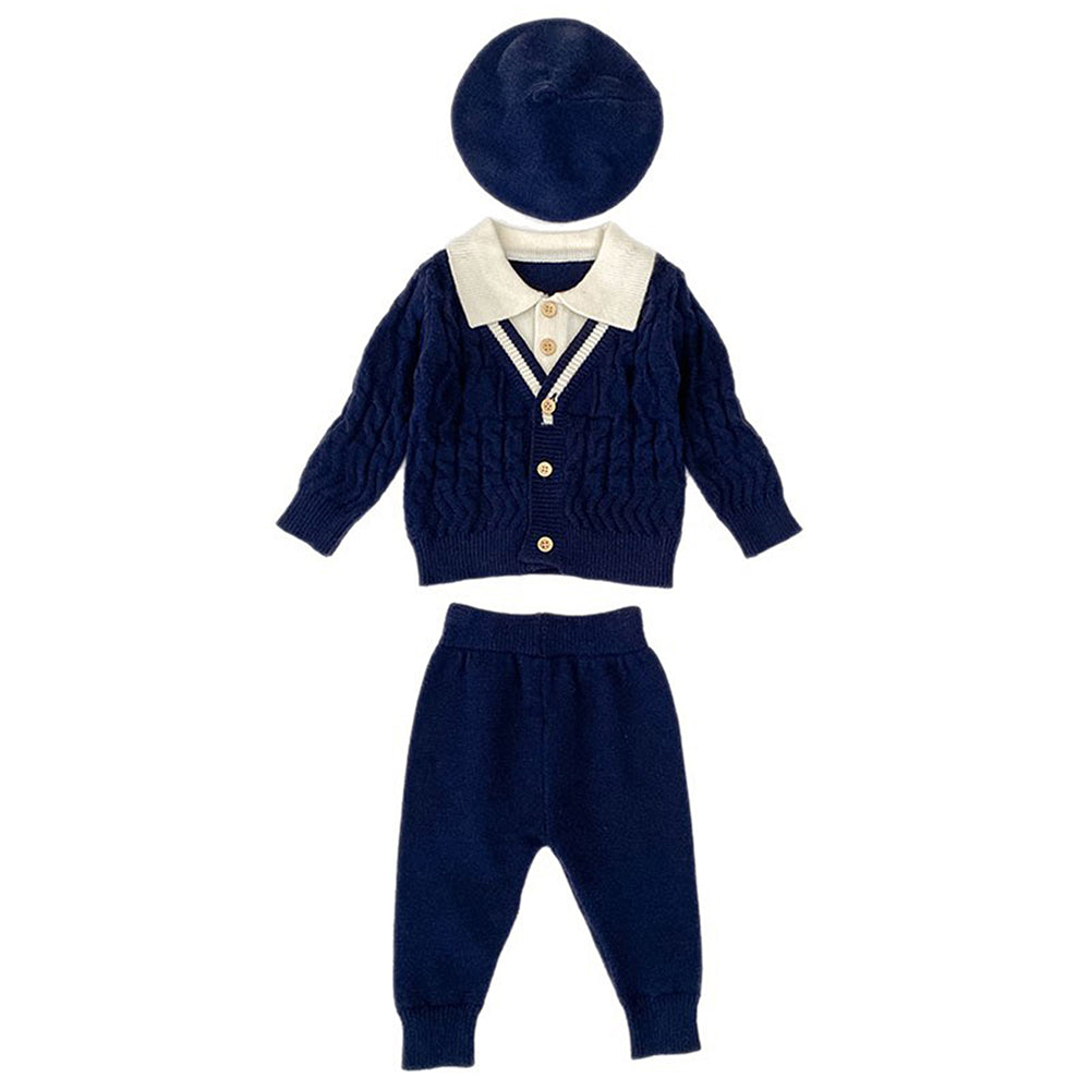 2 Pcs Navy Cream Collared Winter Knit Cardigan & Pants with Beret Cap for Infants