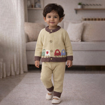 2 Pcs Olive & Brown Train Patch Winter Cardigan & Pants set for Infants