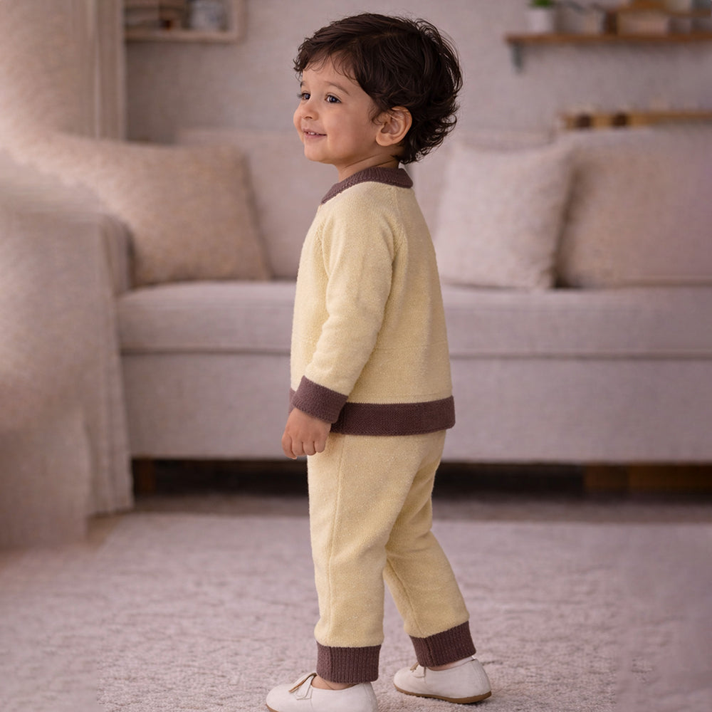 2 Pcs Olive & Brown Train Patch Winter Cardigan & Pants set for Infants