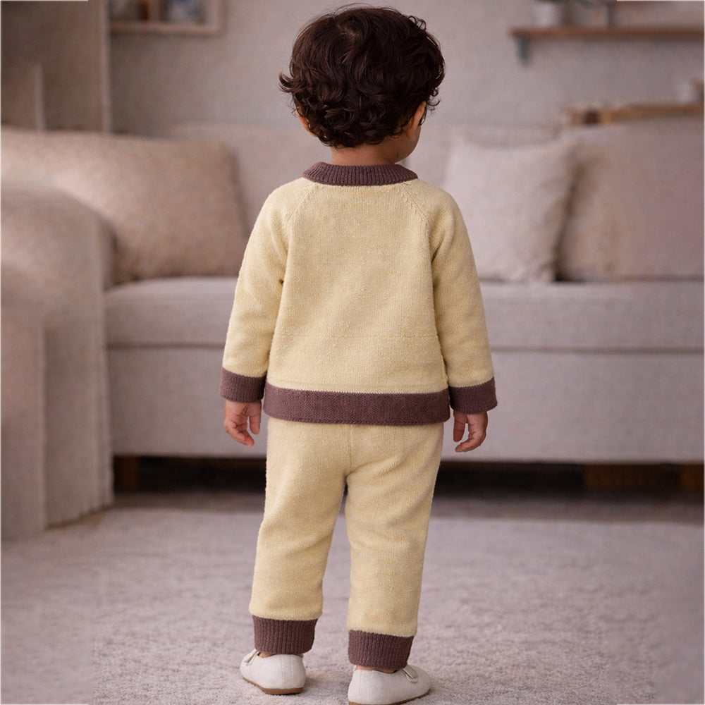 2 Pcs Olive & Brown Train Patch Winter Cardigan & Pants set for Infants