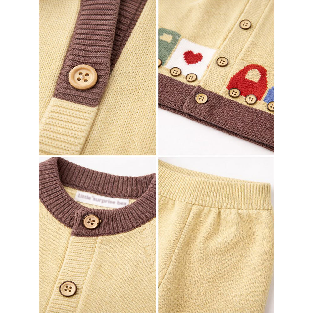 2 Pcs Olive & Brown Train Patch Winter Cardigan & Pants set for Infants