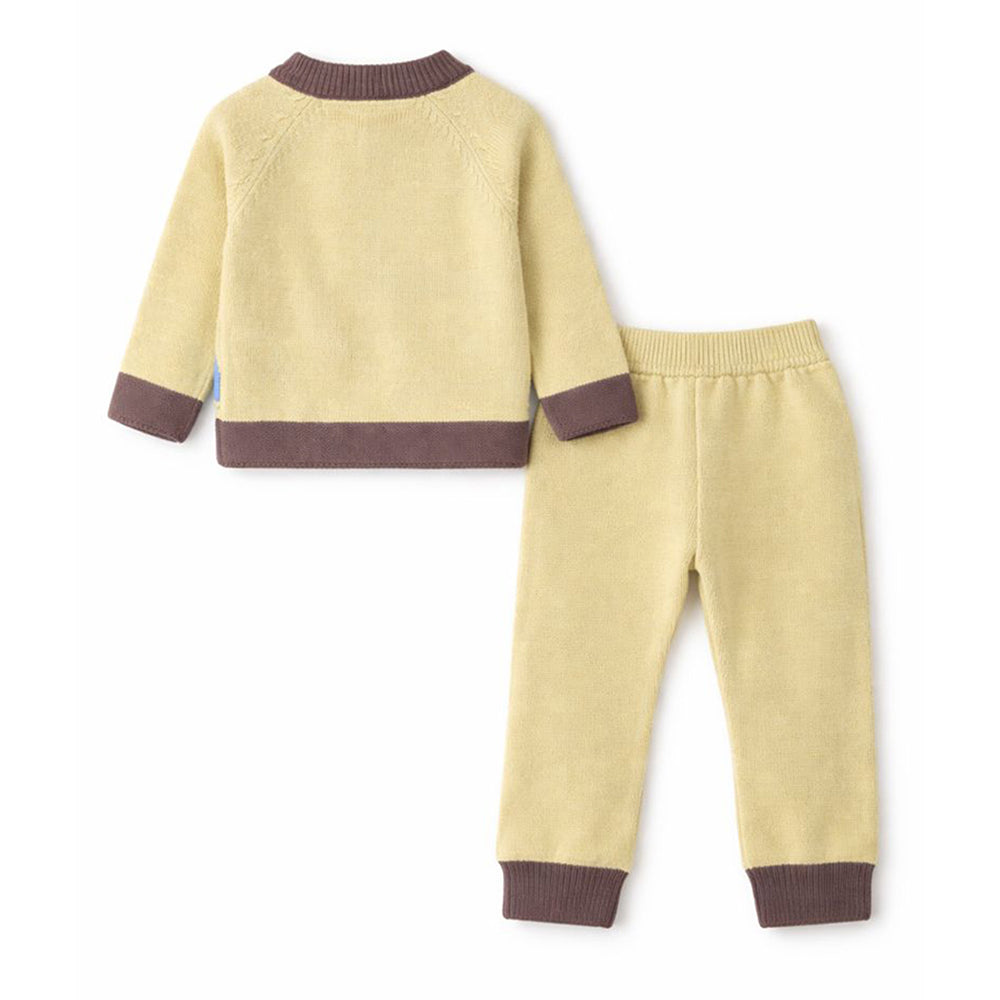 2 Pcs Olive & Brown Train Patch Winter Cardigan & Pants set for Infants