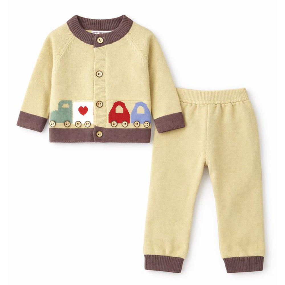 2 Pcs Olive & Brown Train Patch Winter Cardigan & Pants set for Infants