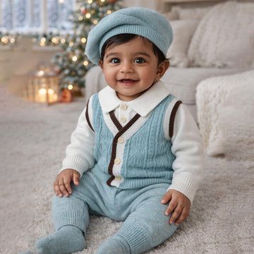 2 Pcs Teal Vest-Style Winter Cardigan & Pants with Beret-Style Cap for Infants