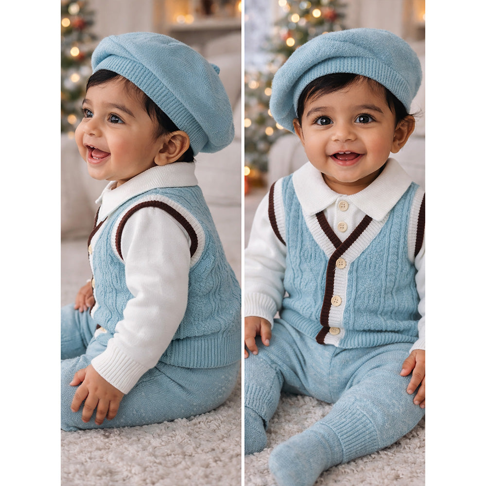 2 Pcs Teal Vest-Style Winter Cardigan & Pants with Beret-Style Cap for Infants
