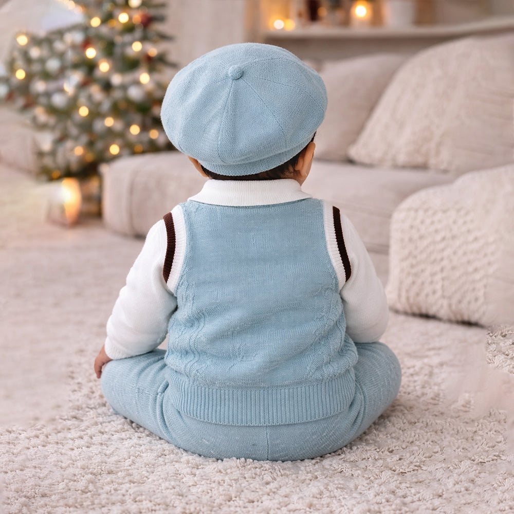 2 Pcs Teal Vest-Style Winter Cardigan & Pants with Beret-Style Cap for Infants