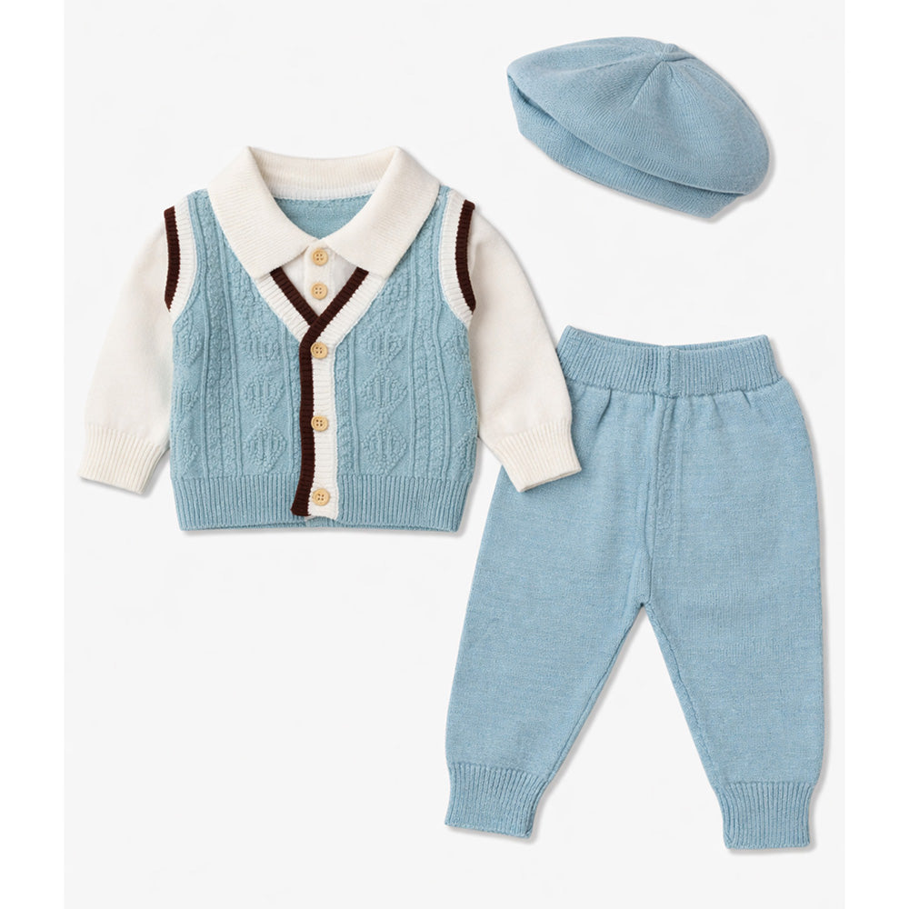 2 Pcs Teal Vest-Style Winter Cardigan & Pants with Beret-Style Cap for Infants