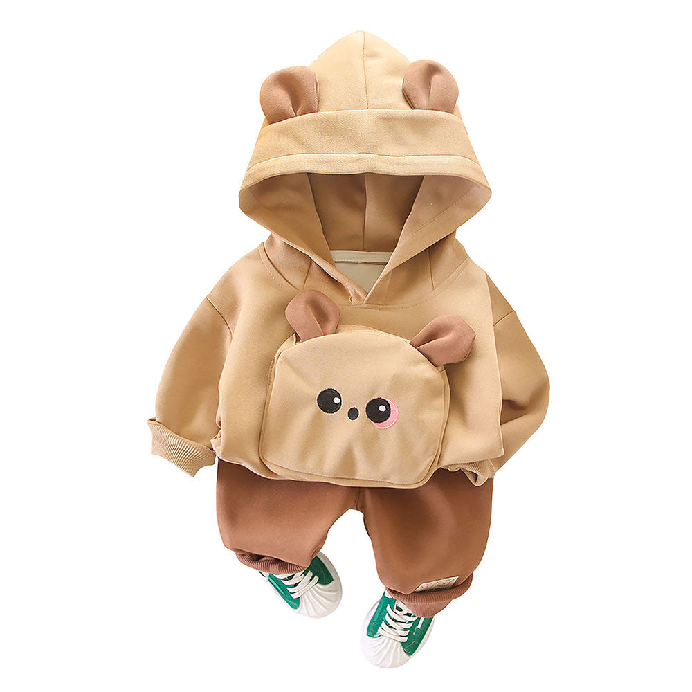 Brown 3D Ears Hoodie 2Pcs Toddlers & Kids Track Suit Set For Winter And All Season Wear