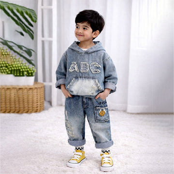 ABC Ripped Denim Hoodie with Pants for Kids
