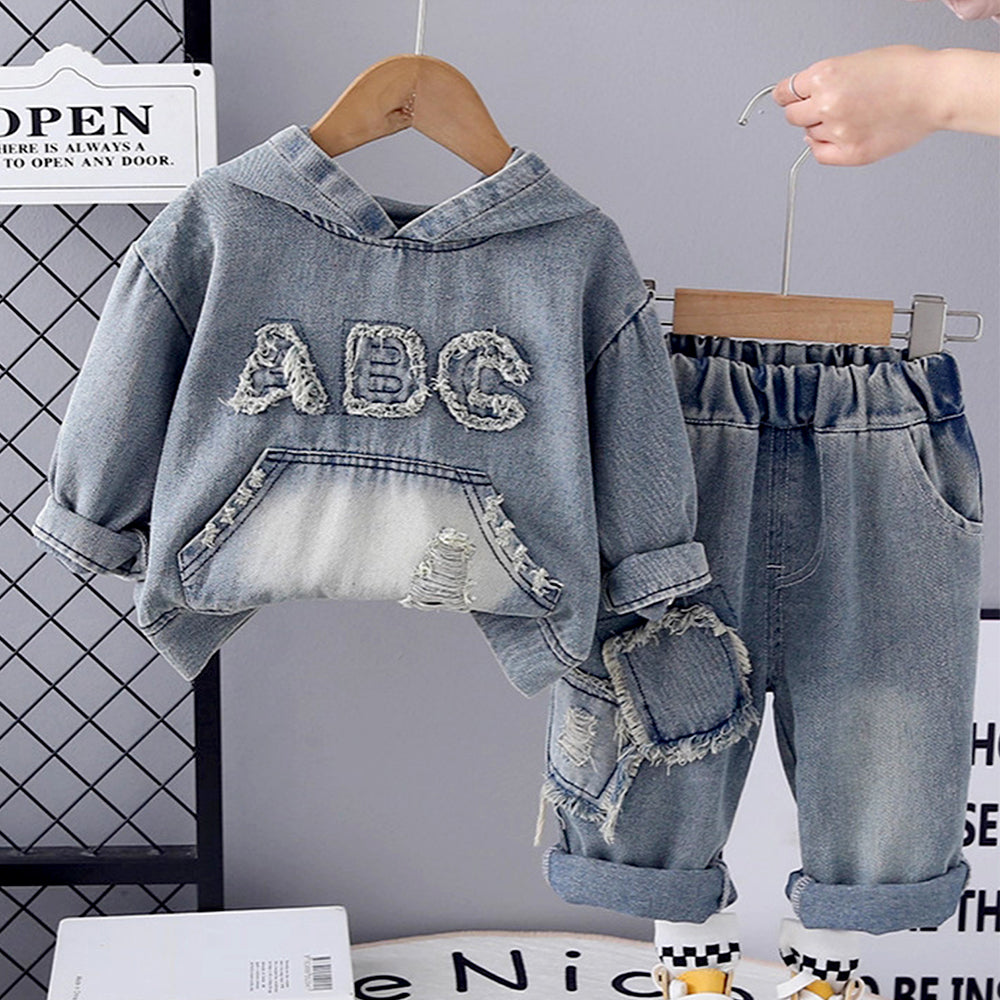 ABC Ripped Denim Hoodie with Pants for Kids