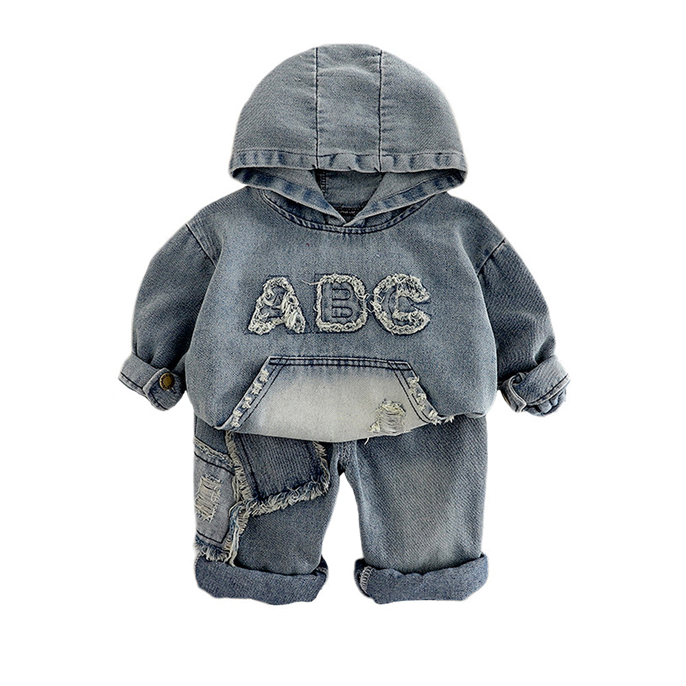 ABC Ripped Denim Hoodie with Pants for Kids