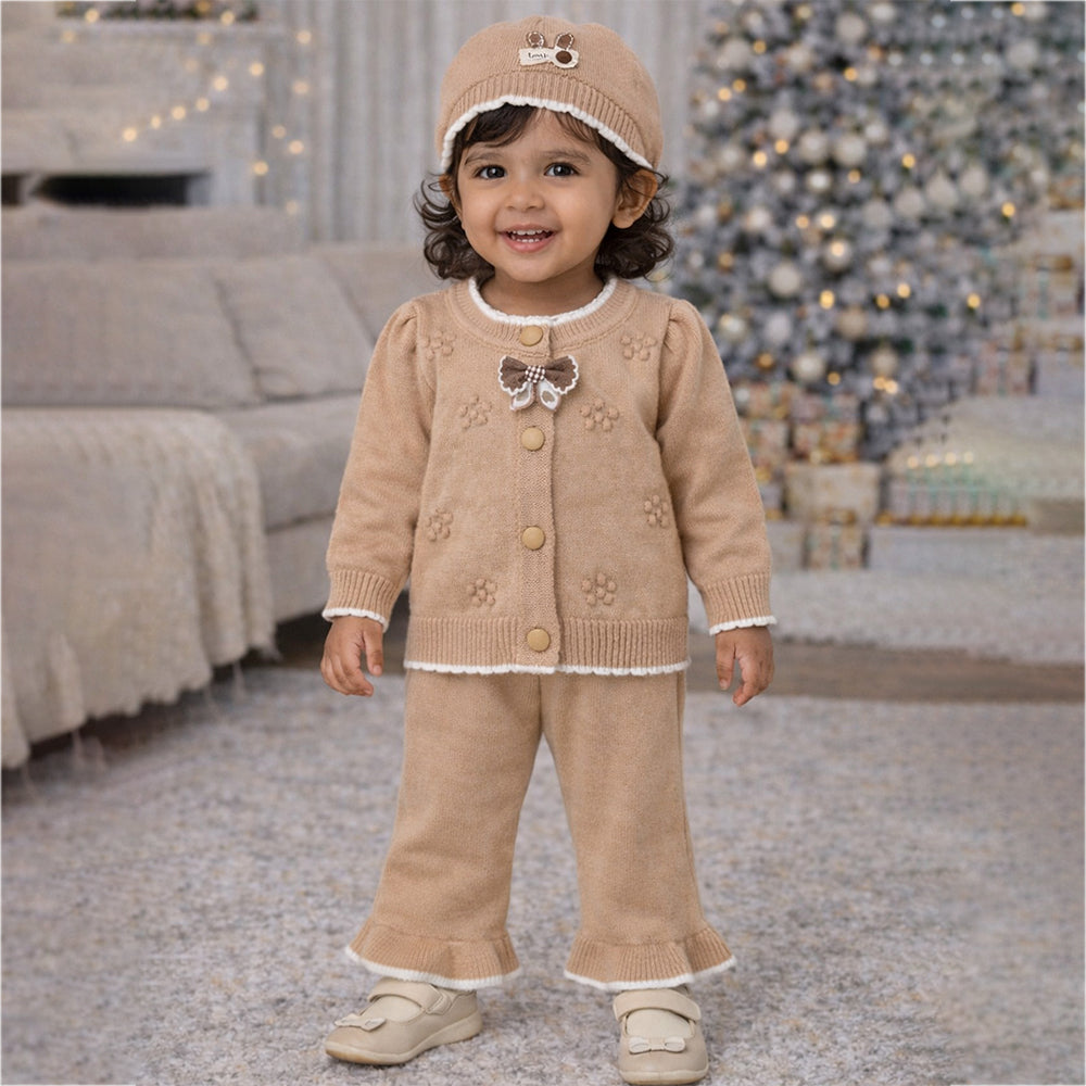 2 Pcs Beige 3d Flower Winter Cardigan with Flare Pants co ord set and Matching Cap for Kids
