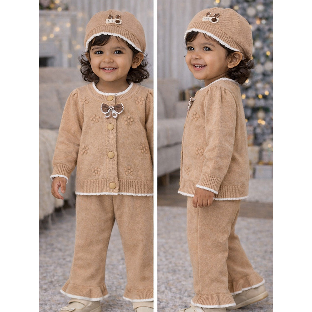 2 Pcs Beige 3d Flower Winter Cardigan with Flare Pants co ord set and Matching Cap for Kids