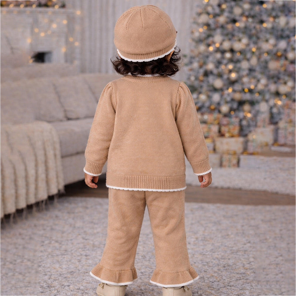 2 Pcs Beige 3d Flower Winter Cardigan with Flare Pants co ord set and Matching Cap for Kids